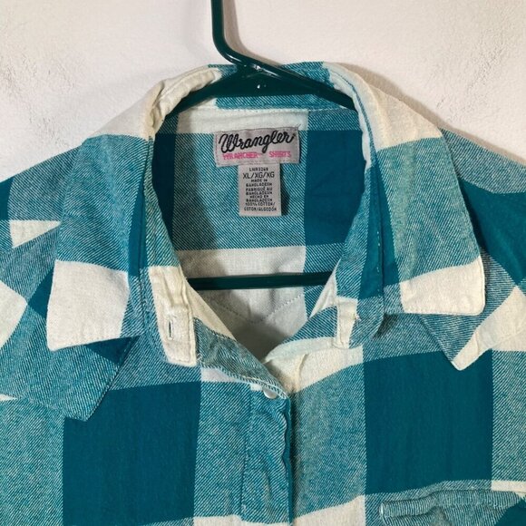 Girls Wrangler Wrancher Buffalo Check Flannel Snap Shirt Green White XL - Picture 4 of 6